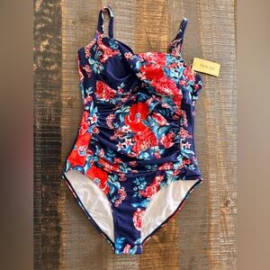 NWT Ekouaer Women's One Piece Swimsuit Ruched Tummy Control Vintage Retro Large